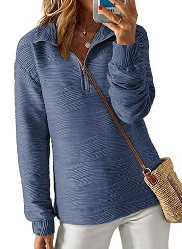 Dokotoo Womens Half Zip Pullover Sweatshirt for Women Long Sleeve Shirts Textured Tops Fall Comfy Loose Fit Jackets Sweatshirts Sweaters Clothes 2026 Trendy Knit Outfits Blue Mdeium - Image 1