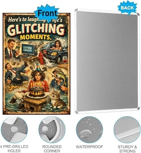 Here's To Laughing At Life's Glitching Moments Metal Tin Sign Funny Retro Humor Poster System Crash Birthday Cake Cat Coffee Disaster 8x12 Inch Iron Art Plaque - Thumbnail 5