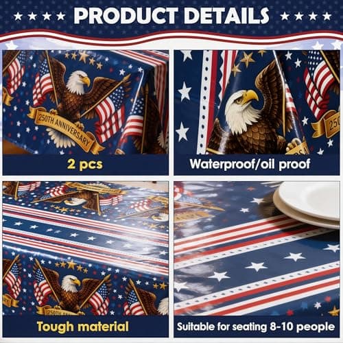 OHOME 4th of July Decorations - 250th Anniversary Patriotic American Flag Tablecloth for Memorial Day | Fourth of July Accessories for Home Outdoor Outside USA America 250th Merchandise,2 Pack - Thumbnail 4