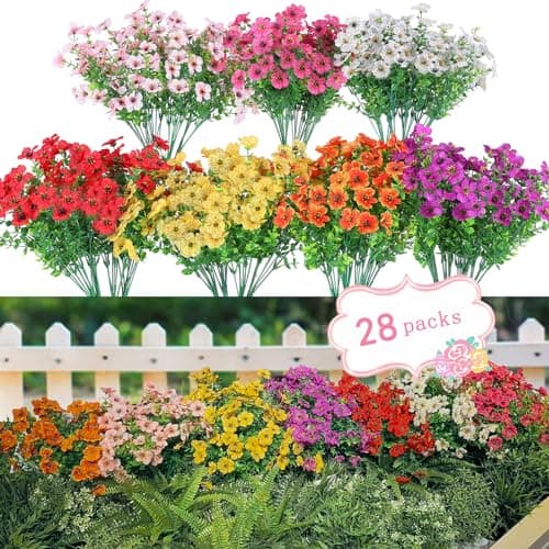 WEAUSUP 28 Bundles Artificial Plants & Flowers Silk Fake Flowers UV Resistant Bushes Plastic Artificial Flowers Faux Outdoor Indoor Plants for Spring Summer Patio Decorations(7 Colors) - Image 1