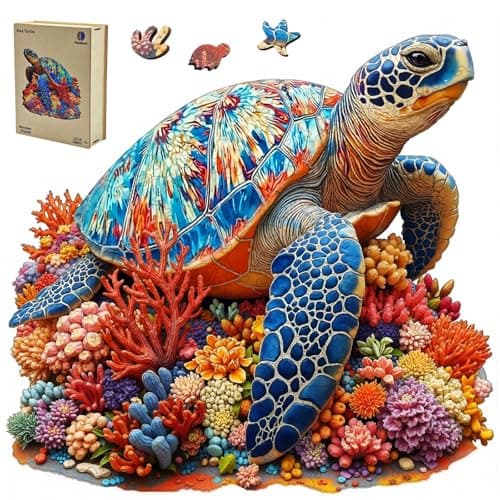 Sea Turtle Wooden Puzzle for Adults 500 Piece, Vibrant Coral Turtle Jigsaw Puzzle for Adults, Unique Animal Shaped Wooden Puzzles, Fun Challenging Ocean Turtle Puzzles for Family Game Night 17 * 16in