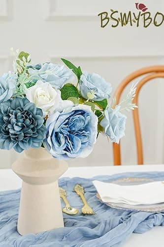 BSMYBO Dusty Blue Artificial Flowers Combo, Baby Blue Wedding Flowers Fake Floral Bulk Bouquets, Light Blue Flowers, Silk Rose Flowers for Wedding Bridal Shower Table Centerpieces & Home Party Decor - Thumbnail 3