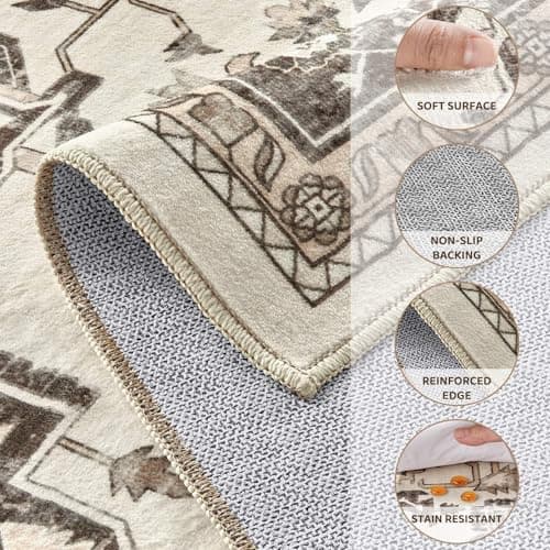 Jessibou Washable 8x10 Area Rug for Living Room - Vintage Distressed Carpet with Non-Slip Backing, Soft Stain Resistant Low Pile Indoor Rug for Bedroom & Dining Room, Kid & Pet Friendly -Dark Brown - Thumbnail 3