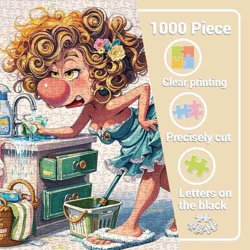 Funny Woman Theme Puzzles for Adults 1000 Pieces. Housework Disaster Scene Jigsaw Puzzles. Challenging Cartoon Art Puzzles - Thumbnail 4