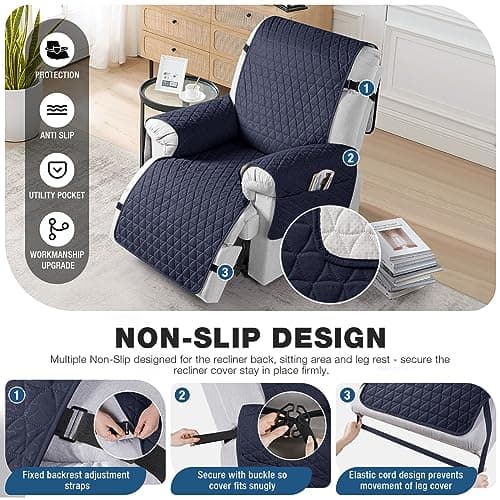 TAOCOCO 100% Waterproof Recliner Chair Covers, Non Slip Recliner Covers that Stay in Place, One-Piece Washable Reclining Chair Cover with Elastic Straps, Dark Blue, Fits 28" Seat Width - Thumbnail 3