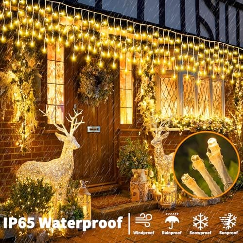 LairtPOW Solar Powered Icicle Lights Outdoor Christmas - 660LED 66+16FT Icicle String Lights with Remote, 8 Modes, Timer, IP65 Waterproof. Rechargeable Battery for Porch, Roof, Xmas (Warm White) - Thumbnail 3