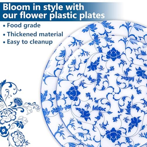 Joyido 60 PCS Blue Plastic Plates - Blue Floral Plates - Disposable Decorative Plate Sets Include 30 Dinner & 30 Dessert Plate for Wedding Birthday Party Spring Supplies - Thumbnail 4