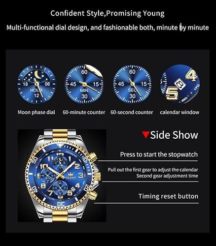 OLEVS Watch Men Luxury Chronograph Moon Phase Large Blue Face Waterproof Analog Quartz Wrist Watches for Men Fashion Silver and Gold Stainless Steel Luminous Nice Mens Watches Relojes para Hombres - Thumbnail 6