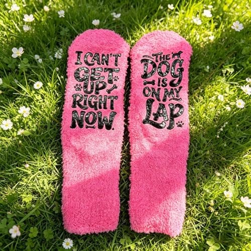 yuboo Dog Mom Gifts for Women - Birthday Gifts for Wife Girlfriend - Funny Novelty Dog Mom Socks - I Can't Get Up Right Now The Dog Is On My Lap - Warm Fuzzy Socks for Dog Lovers, Hot Pink - Thumbnail 3