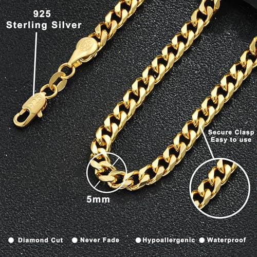 HIMSTORY Gold Chain for Men, 18K Gold Plated 925 Sterling Silver 3.5mm Cuban Link Curb Chain for Men Jewelry Sturdy Non-Fading Mens Chains Gifts for Dad Husband 22 Inch - Thumbnail 3