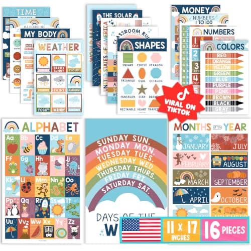 Hadley Designs 16 Educational Posters for Classroom Decor - Boho Educational Posters for Toddlers 1-3, Toddler Learning Posters for Kids Ages 3-5, Kindergarten & Preschool Classroom Must Haves - Image 1