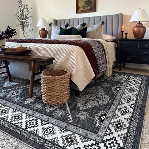 Boho Washable Area Rug 5x7, Large Soft Rugs for Living Room Farmhouse Vintage Grey Carpet 5x7 Area Rugs for Bedroom Dining Room Non-Slip Stain Resistant Under Table Rug - Thumbnail 2