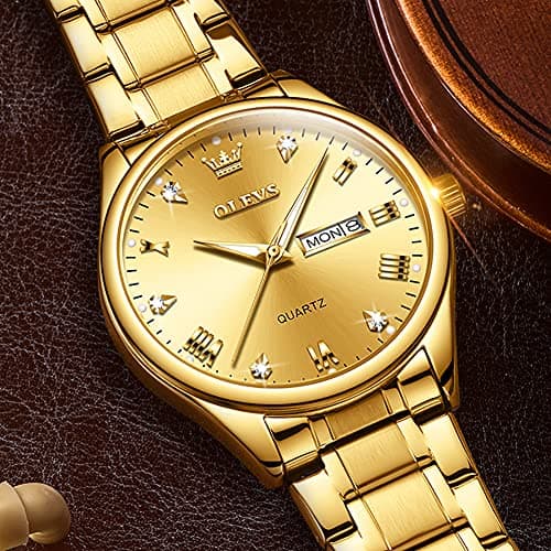 OLEVS Gold Watches for Men Luxury Wrist Watches for Man Waterproof Large Face Mens Watch Golden Stainless Steel Dress Dimond Day Date Simple Classic Analog Quartz Casual Relojes para Hombres - Thumbnail 6