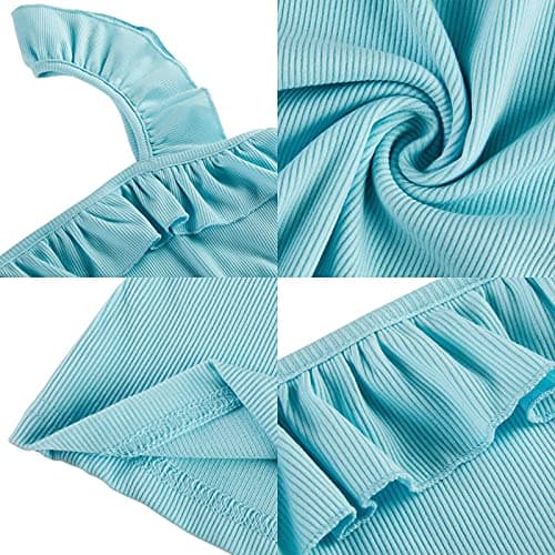 CNJFJ Womens Cute Sleeveless Tank Tops Ruffle Strap Square Neck Blouse Solid Color Knitted Camisole Sky Blue - Thumbnail 4