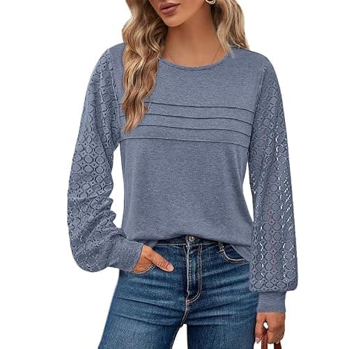 BTFBM Women's Long Sleeve Shirts Dressy Lace Fall Tops 2026 Trendy Business Casual T-Shirts Cute Work Outfits Blouses(Grey Blue, XX-Large) - Image 1