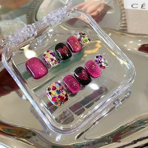 Short Square Press on Nails - Handmade Manicure Art Reusable False Nails 10pcs with Solid Nail Glue, Nail Adhesive Tabs, Strong Nail Glue (120-Medium) - Thumbnail 2