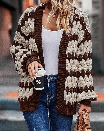 KIRUNDO Women's Cardigan Sweater 2026 Fall Winter Open Front Long Sleeve Cable Knit Color Block Striped Cardigan Casual Oversized Sweater Jacket Outwear(Coffee, Medium) - Thumbnail 3
