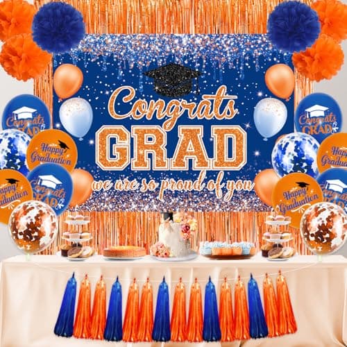 Graduation Decorations Class of 2026, Congrats Grad Backdrop, Graduation Balloons, Paper Pompoms, Paper Tassels, Foil Curtains for 2026 Graduation Party Decorations(Blue Orange) - Image 1
