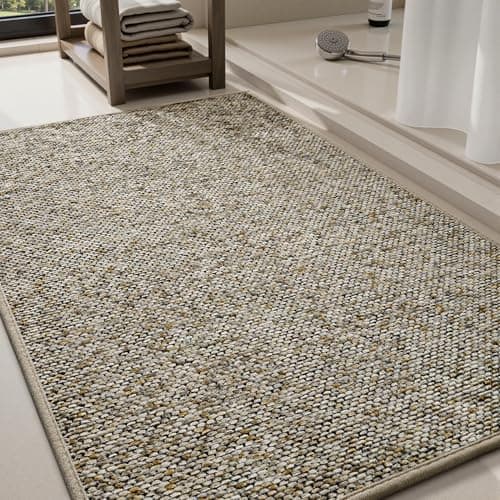 PADOOR Thin Bath Mats, Braided Bath Mats for Bathroom, No-Slip Rubber Backed Bath Rugs, Machine Washable & Quick Dry Absorbent Bathroom Mat (17"x28", Khaki) - Image 1