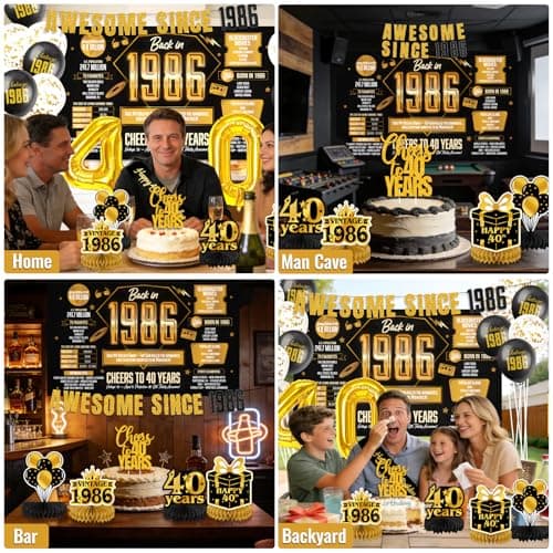 Vintage 40th Birthday Decorations for Men,Awesome Since 1986 Black Gold Backdrop Banner with Balloons, Retro Back in 1986 Party Decorations for Him, Husband, Dad - Thumbnail 5
