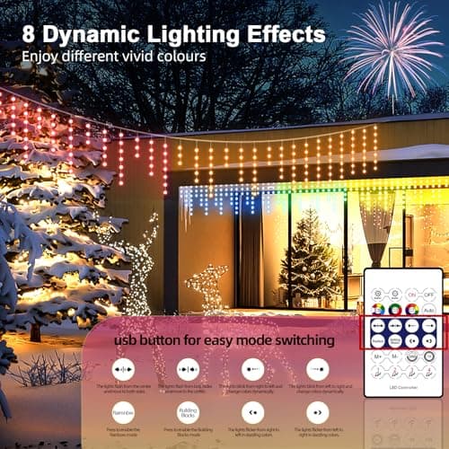 AHAWILL Icicle Lights for Outside,33ft Christmas Lights Outdoor with Dimmable 255LED,IP65 Waterproof,USB Plug in Curtain String Lights with DIY Scene Modes for Party,Roof,Halloween Decor(Multicolor) - Thumbnail 2