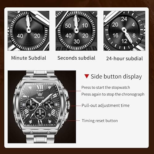 OLEVS Watch Men Luxury Black Big Face Square Silver Stainless Steel Chronograph Waterproof Mens Watches Tonneau Luminous Quartz Work Analog Dress Wrist Watches for Men Relojes para Hombres - Thumbnail 6