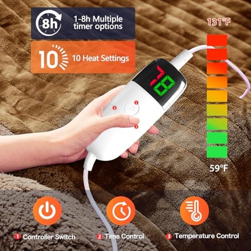 greenoak Heated Electric Blanket Throw, Faux Fur Sherpa Heating Blanket for Sofa Bed, Warm Winter Gifts for Dad/Grandma, Heater Lap Blankets 5-Position Timer &10 Heating Levels 50''*60" Brown - Thumbnail 4