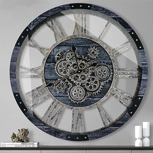 TOPPTIK 27 Inch Moving Gear Wall Clock, Oversized Wall Clocks, Clock Living Room Decor, Solid Wood Frame, Battery Operated, Large Wall Clock with Steampunk Industrial for Fireplace(Gray) - Image 1