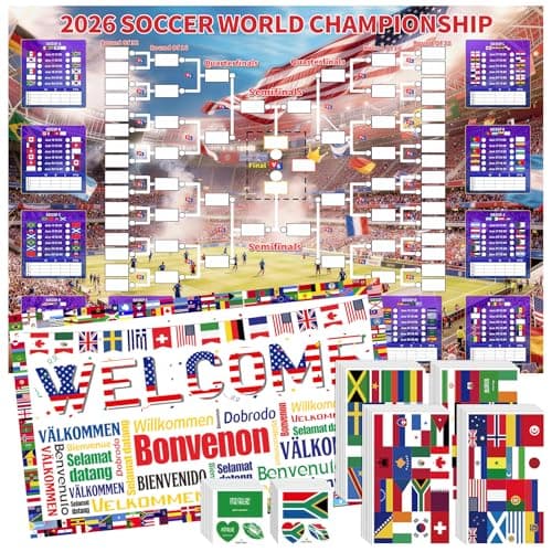 2026 World Soccer Cup Schedule Poster 4-Piece Set, 63 x 44 Inch Extra Large Premium Polyester Match Tracker, Waterproof Wrinkle-Resistant Chart with Flag Banner, 384 Flag Stickers & 96 Water Tattoos - Image 1