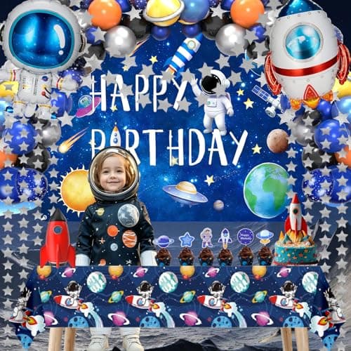 Outer Space Birthday Party Decorations – 96Pcs Set with Backdrop, Table Cover, Star Garland, Rocket & Astronaut Foil Balloons, Cake Topper, Latex Balloons for Space Party, Room Decor - Thumbnail 5