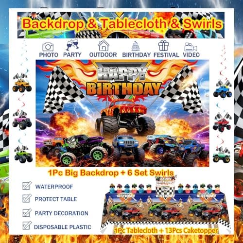 Truck Birthday Party Decorations Kit – 77Pcs Truck Theme Supplies with Reusable Backdrop, Hanging Swirls, Table Cover, Truck Foil Balloons, Cake Toppers & Latex Balloons for Truck Party, Room Decor - Thumbnail 4