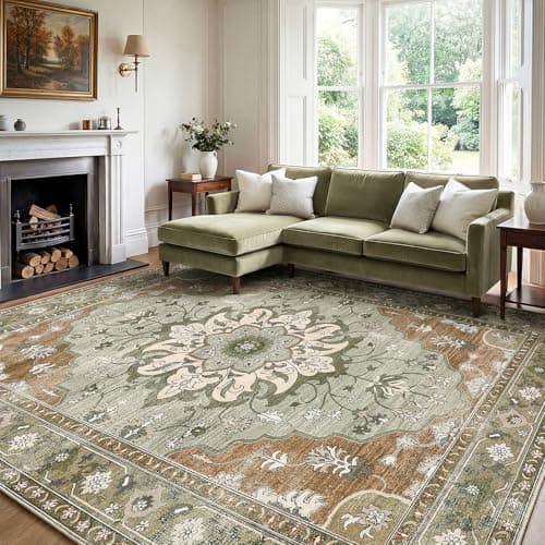 YBYX 10x14 Area Rugs for Living Room, Machine Washable Boho Vintage Rug, Waterproof Surface & Non-Slip Backing, Foldable Soft Low Pile Floral Medallion Carpet for Bedroom Dining Room