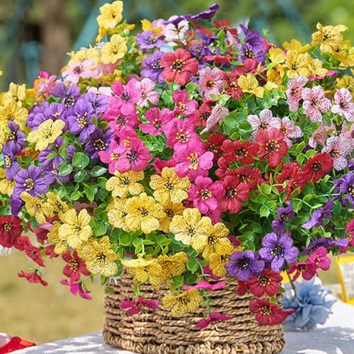 trytuny Artificial Flowers for Outdoor, UV Resistant Fake Silk Flowers, Realistic Faux Plants for Outside Indoor Porch Patio Window Box Planter Home Decor (20, Yellow Purple Rosy Pink Red) - Thumbnail 4