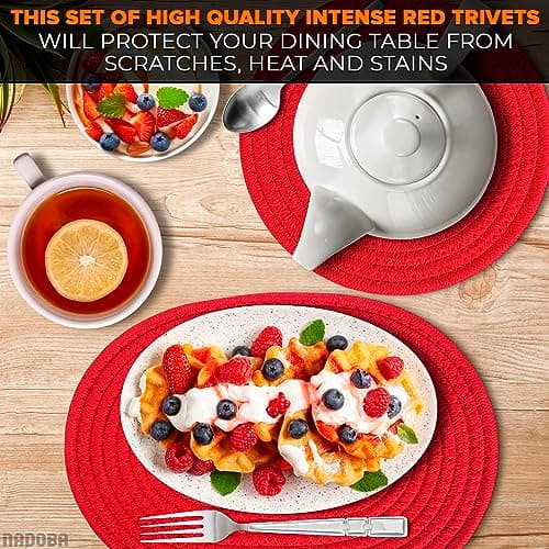 3 Pcs Red Trivets for Hot Dishes – Cotton & Polyester Trivets for Hot Pots and Pans, 2 Round 8.5" and 1 Oval 12x8.5 – Heat Resistant Kitchen Pads for Bakeware, Pots, Dining Table and Countertop Use - Thumbnail 4