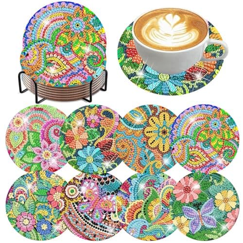 ijbnhd Flowers Diamond Art Coasters Kits for Adults, 8 Pieces Flowers Diamond Painting Coasters with Holder for Beginners 4X4inch (Cork Wooden Pad) - Image 1