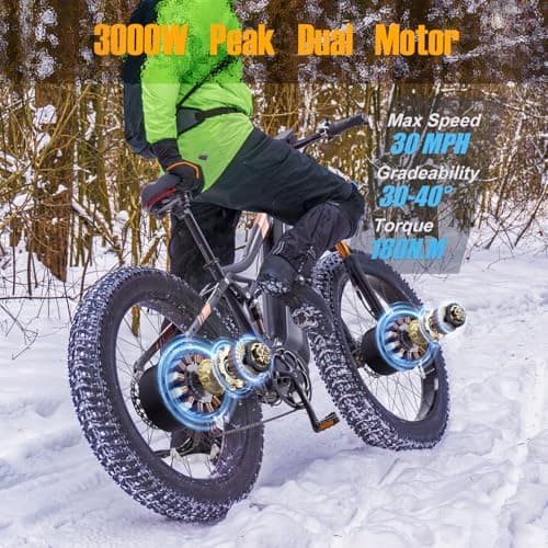 Electric Bike for Adults 3000W Peak AWD Dual Motor 48V 30Ah Battery Up to 90 Miles Long Range 30MPH Mountain E Bikes 26" Fat Tire Off-Road Full Suspension Electric Bicycle, Dual Hydraulic Brakes - Thumbnail 3
