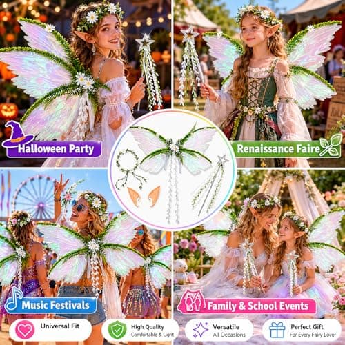Fairy Wings Set for Kids & Adults - 4 PCS Butterfly Wings with Elf Ears, Flower Crown & Wand - Universal Size Sparkly Fairy Costume for Women Girls, Halloween Cosplay Renaissance Festival White - Thumbnail 6