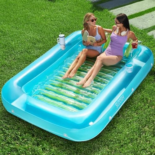 SLOOSH Inflatable Tanning Pool Lounger Float, 85" x 57" Extra Large Pool Floats Adult with Pillow, 4 in 1 Suntan Tub Raft Floatie,Sunbathing Bed Lounge for Water Blow Up Ball Pit, XL-Blue Green - Image 1