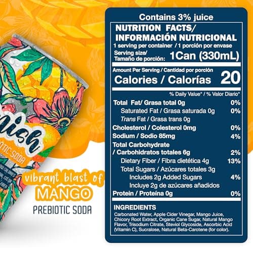 Lunish Prebiotic Soda, Mango Sabor Mango, Gut-Friendly & Refreshing, with Apple Cider Vinegar & 4g Prebiotic Fiber, 20 Cal, 12-Pack - Thumbnail 2