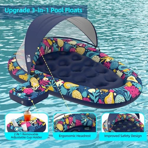 Sunikko X 3-in-1 Pool Floats with Canopy Cup Holder, Tanning Pool Large 73" x 48" Float Adult Heavy Duty, Inflatable Lounger Raft Floating Chair with Backrest, Swimming Pool Lake Beach Party - Thumbnail 5