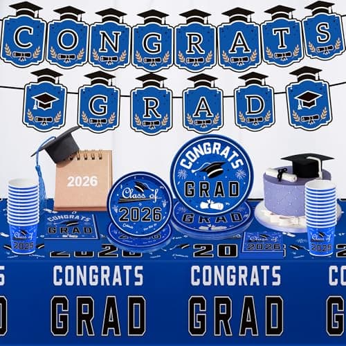 OHOME Graduation Decorations 2026 - Graduation Decorations Class of 2026 - Serve 24 - Blue Plates Tablecloth Napkins Cups Banner - Graduation Party Favors Supplies - Thumbnail 3