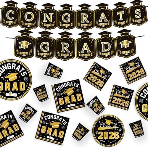 OHOME Graduation Decorations 2026 - Graduation Decorations Class of 2026 - Serve 24 - Black Plates Tablecloth Napkins Cups Banner - Graduation Party Favors Supplies - Thumbnail 5