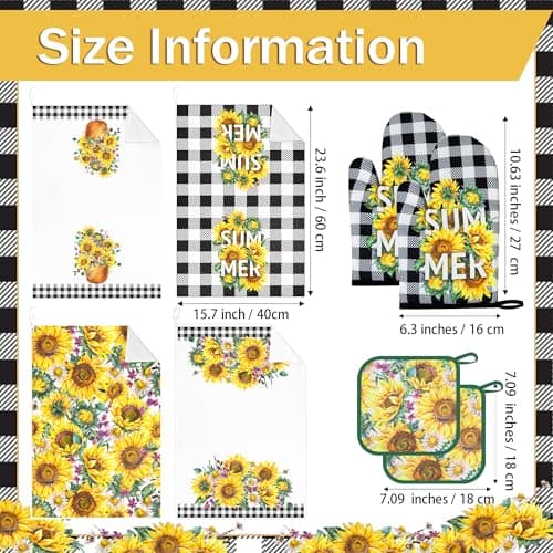 Vetoxka 8 PCS Bee Sunflower Kitchen Decor and Accessories - Bright Summer 4 Dish Towels, 2 Plaid Oven Mitts and Pot Holders Sets for Home Decoration Farmhome Cook Bake Mom Daughter Housewarming Gifts - Thumbnail 3