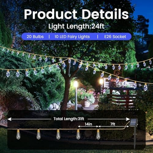Solar String Lights for Outside, 24FT Vintage Rope Hemp Solar Outdoor String Lights with 20 Shatterproof Bulbs, Solar Powered Waterproof 8 Modes Patio Lights for Garden Fence Balcony Camping - White - Thumbnail 5
