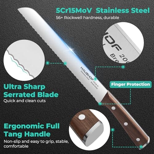 HAUSHOF Bread Knife with Sheath, 8-Inch Serrated Bread Knife for Homemade Bread, 5Cr15Mov Premium Stainless Steel Bread Cutter with Gift Box for Mom Dad, Full Tang and Ergonomic Handle - Thumbnail 2