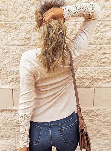 BTFBM Women Long Sleeve Shirts Solid Button V Neck Lace Sleeves Slim Fit Casual Fall Shirts 2025(Beige, XX-Large) - Thumbnail 5