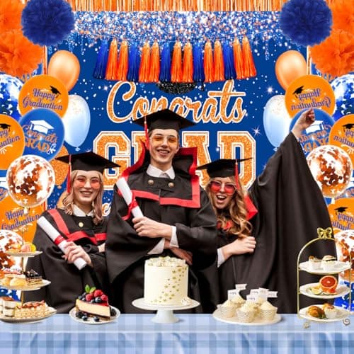 Graduation Decorations Class of 2026, Congrats Grad Backdrop, Graduation Balloons, Paper Pompoms, Paper Tassels, Foil Curtains for 2026 Graduation Party Decorations(Blue Orange) - Thumbnail 4