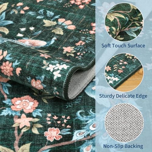 GarveeHome Large Area Rugs 9x12 for Living Room, Dark Green Washable Rug Soft Non Slip Backing Floor Mat Carpet Indoor Floral Peacock Accent Rug for Bedroom Dining Room Playroom Nursery Home Decor - Thumbnail 5