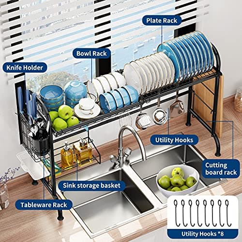 MOUKABAL Dish Drying Rack - Stainless Steel Over The Sink Dish Drying Rack (Expandable Length), Large Dish Rack with Utensil Holder, 32.3" - 33.9"(L) x 11.4"(W) x 23"(H) Black - Thumbnail 2