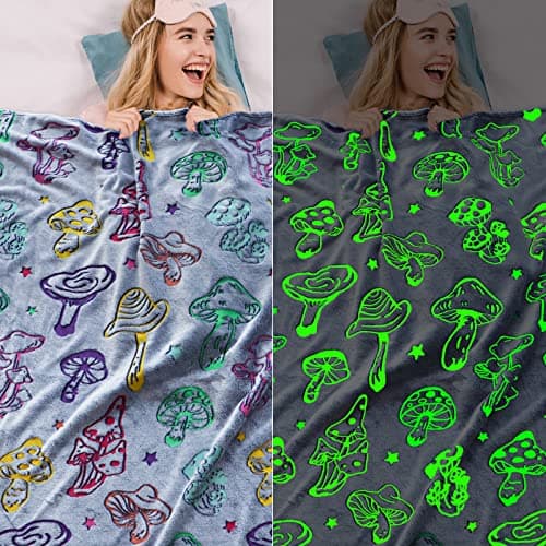 Gdindff Glow in The Dark Mushroom Blanket Easter, Mushroom Gifts for Women Girls, Easter Basket Stuffers for Kids Teens, Cute Cottagecore Mushrooms Room Decor, Soft Cozy Fleece Throw 50"x60" - Thumbnail 4